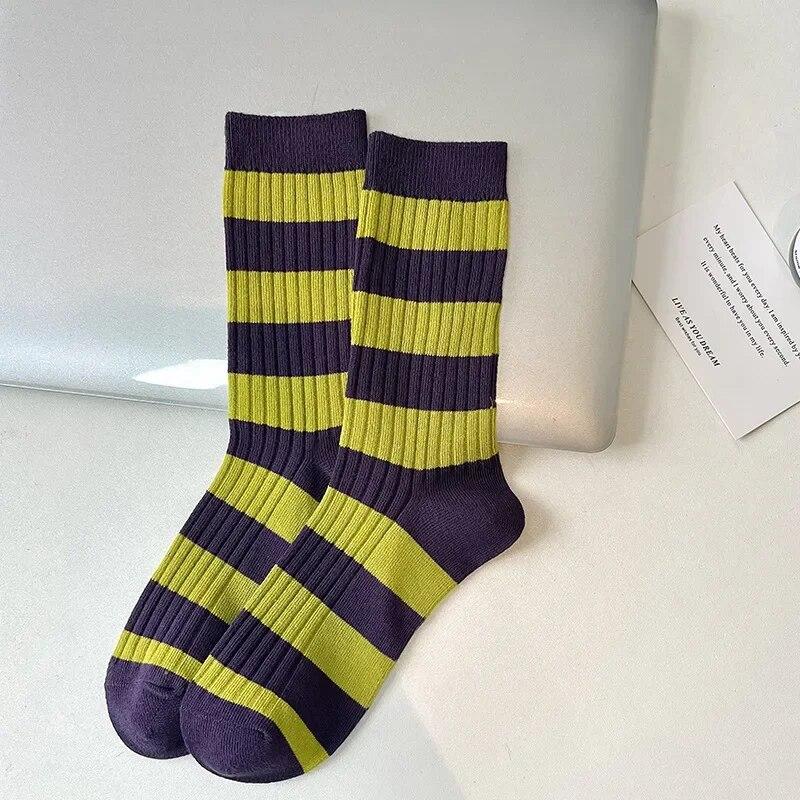 Vintage Women Socks Korean Fashion Harajuku Streetwear Sports Socks Women Casual Striped Plaid Cotton Knitting Elastic Long Sock