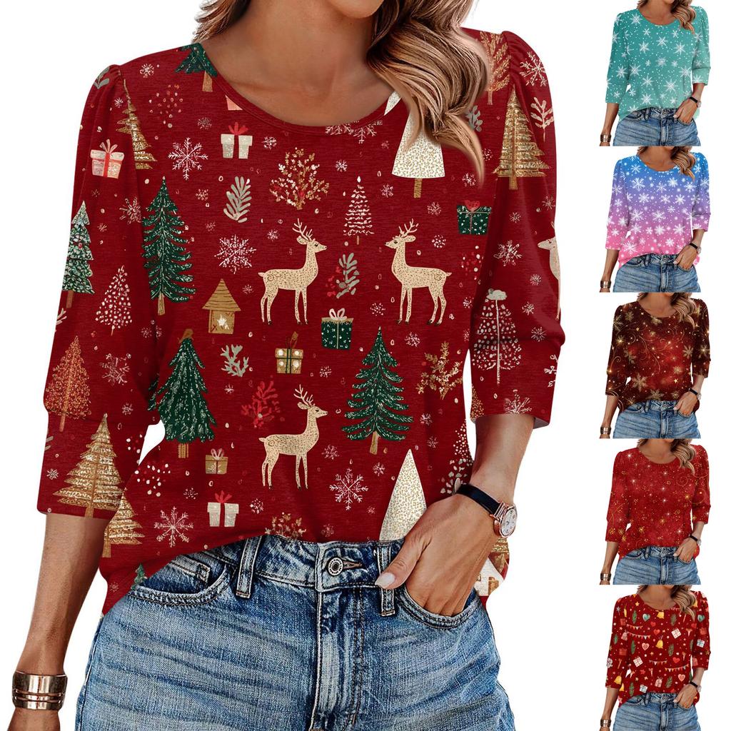 Women's Fashion Casual 3/4 Christmas Print Color Shirt Women's Round Neck Tops