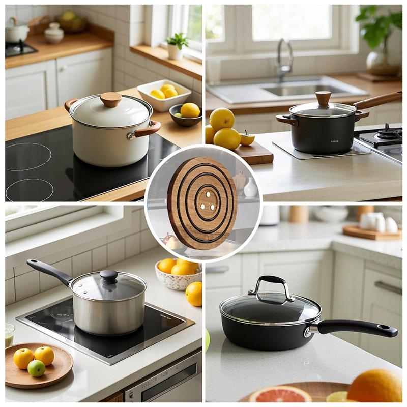 Round Acacia Wood Heat Insulation And Anti-Slip Pot Pad, Black Silicone Ring Magnetic Heating Pot, Bowl And Plate Anti-Scald Pad