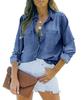 Damen Denim Button-Down Hemd Langarm Lässig Frühling Herbst Bluse Jacke mit Brusttaschen