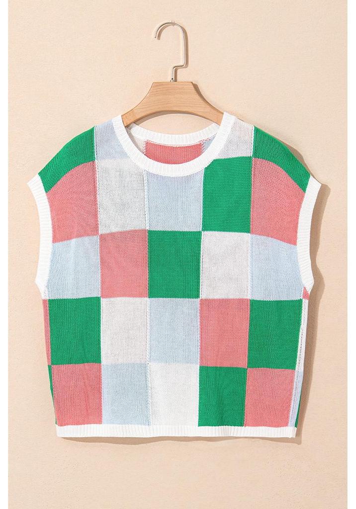 Summer Color Block Round Neck Women's Short Sleeve Pullover Sweater - European & American Fashion Style