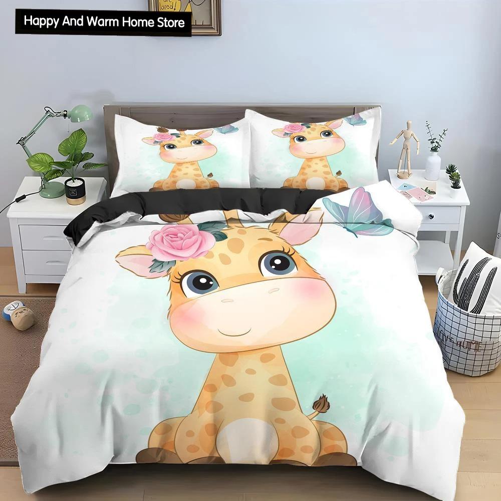 Cartoon Giraffe König Königin Bettbezug Jungen Mädchen Tier Bettwäsche Set Wildtiere Deckenbezug Polyester Bettdecke