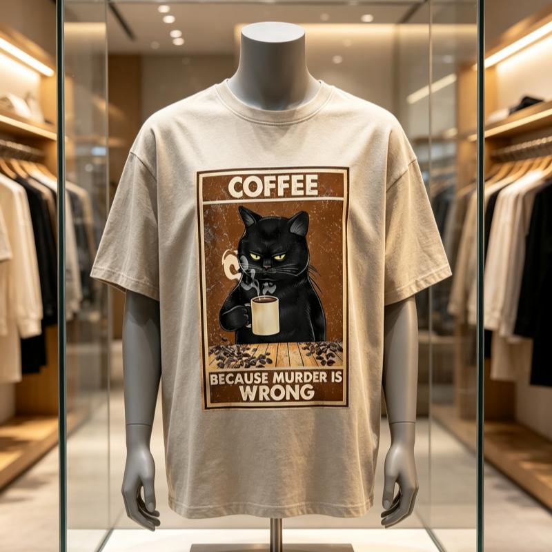 Because Murder Is Wrong Black Cat Drink Coffee Clothing Unisex Wounisex Street Oversized T Shirts Breathable Cotton Streetwear Tshirt