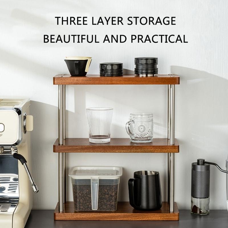 Multifunctional Wood Rack with 3 Layers Coffee Cup Display Stand Multilayer Storage Shelf Practical Cup Organizers