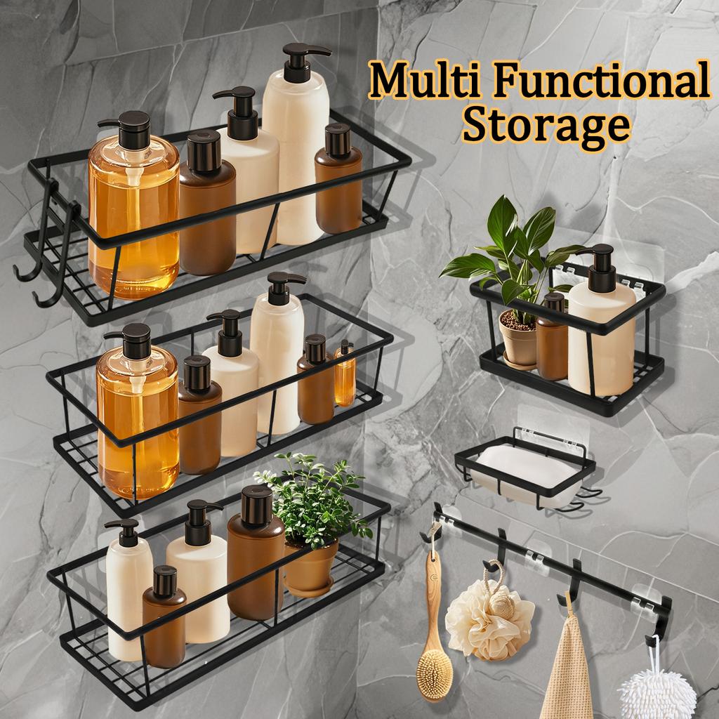 6Pcs Wall-Mounted Seasoning Rack No Drilling Carbon Steel Bathroom Storage Shelf Multifunctional Seasoning Organization Rack