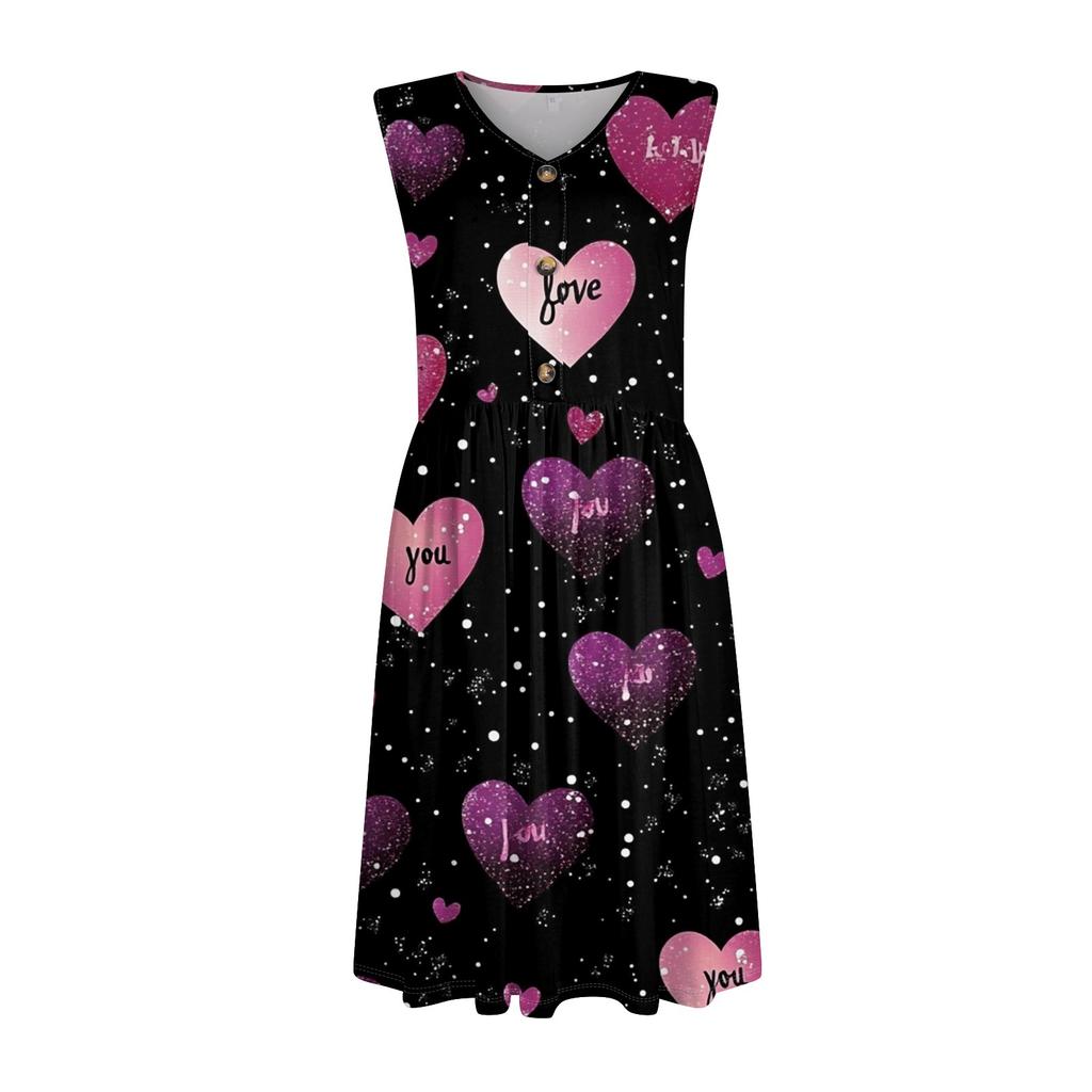 Women's Casual Fashion Sexy V-Neck Button Decoration Sleeveless Valentine's Day Tunic Dress