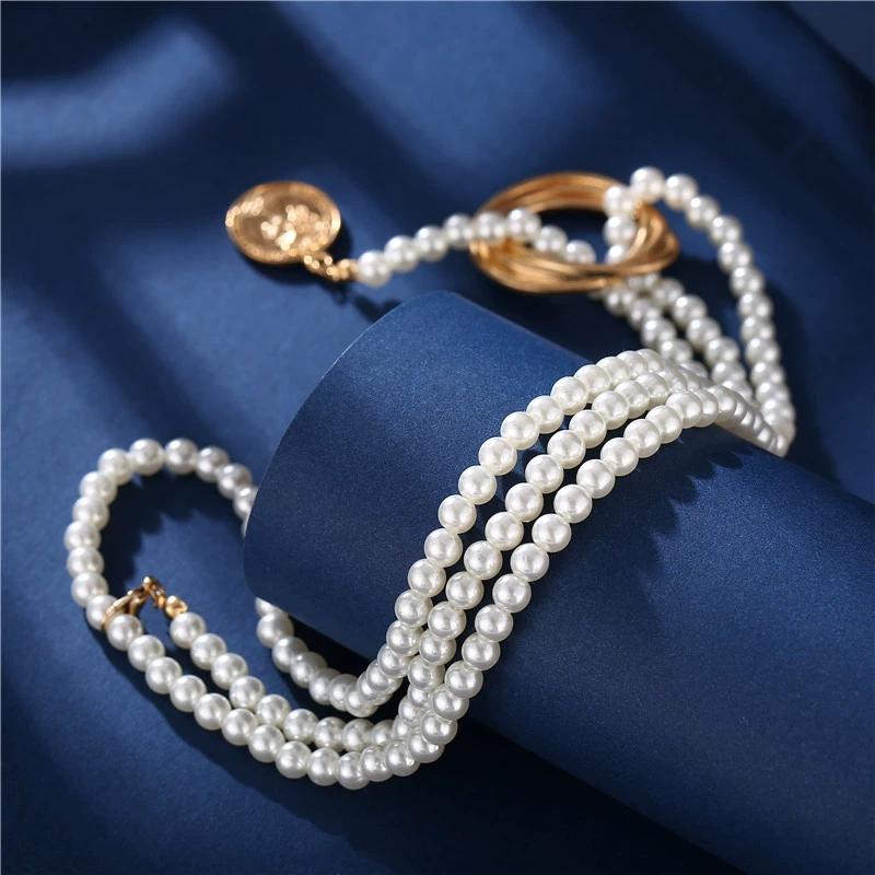Necklace Women Sweater Chain Geometric Metal Pearl Necklace Women's Collarbone Chain, Sweater Chain