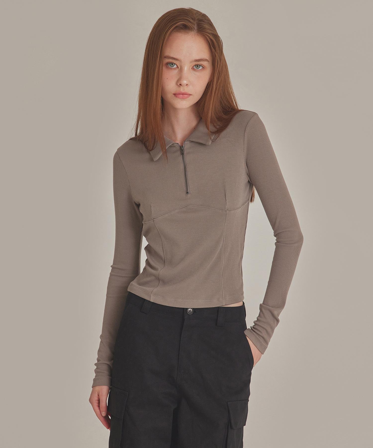 Top Girl Collared Half Zip Long Sleeve Top_T426Tp100 Ash Brown/Xs-S