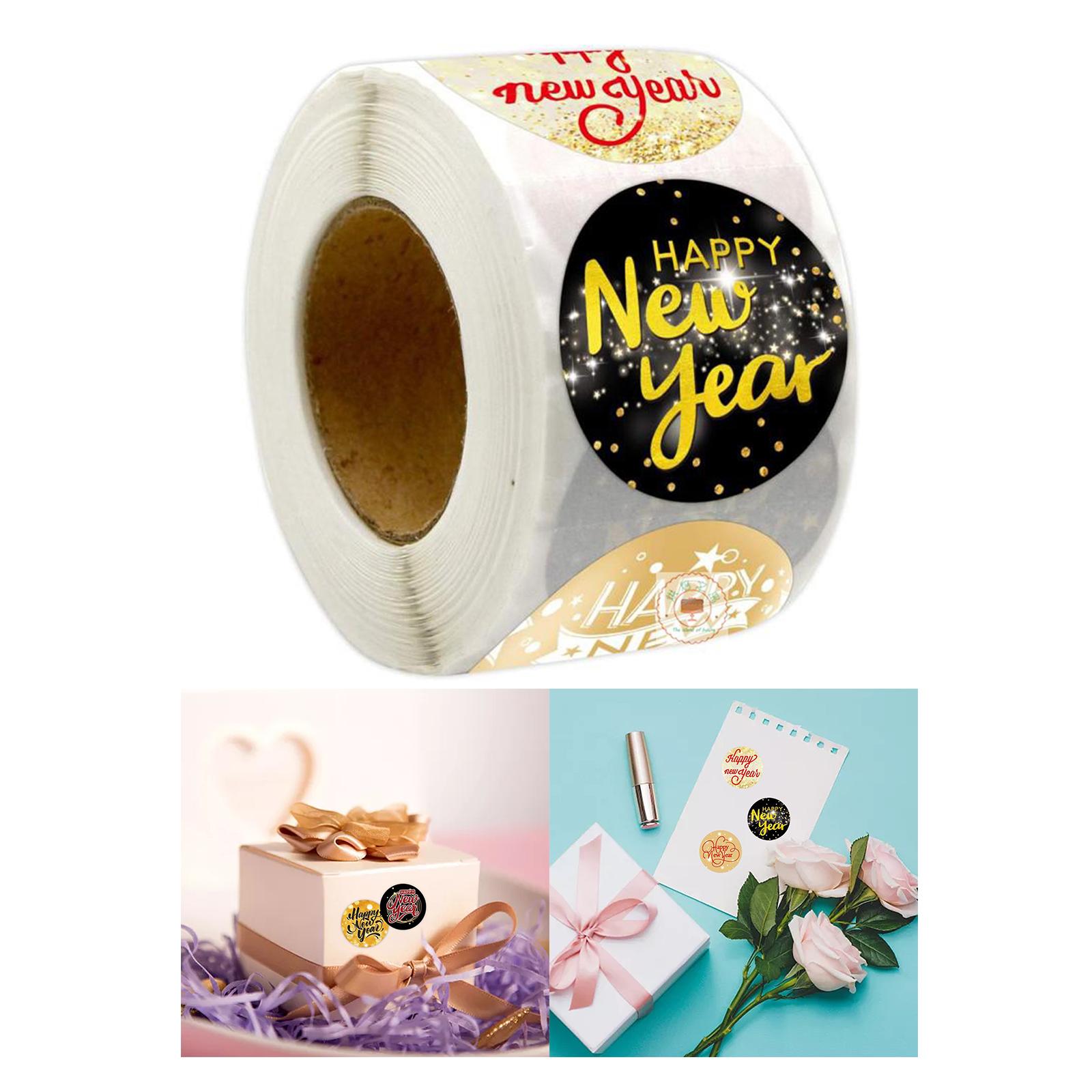 

500Pcs Glitter Happy New Year Stickers 1.5inch/3.8cm for Winter Greeting Cards Gift Boxes