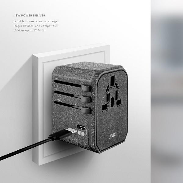 UNIQ Lad. network. Voyage World Adapter 33W+ 2xUSB + PD 18W + QC 3.0 gray/charcoal gray (LITHOS Collective)