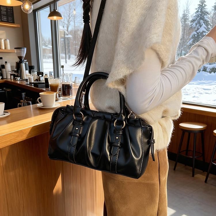 Folded Boston Bag Women's Soft Leather Handheld Shoulder Bag
