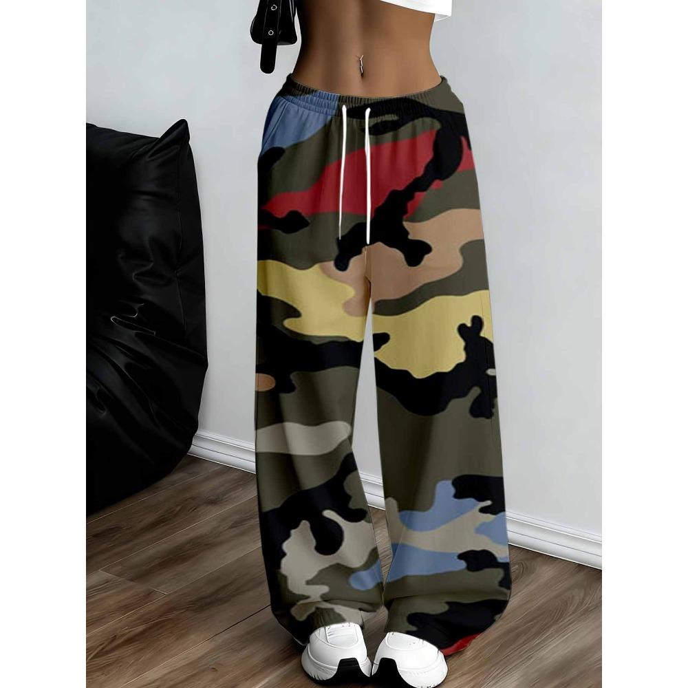Contrasting Color Camouflage Wide-leg Pants Women's Drawstring Elastic Waist Trousers Street Style Loose and Versatile Casual Trousers