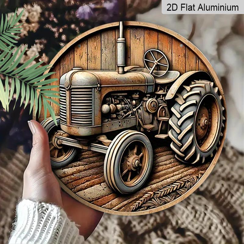 2D Flat Country Life Round Sign with A Size of 7.8 X 7.8 Inches, Showing Agricultural Equipment and A Retro Tractor.This Country-style Metal Wall Is