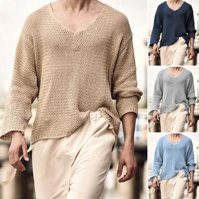 Men Sweater V Neck Easy To Match Breathable Elastic Comfortable Knit Long Sleeves Loose Pullover Fall Sweater Men Clothes
