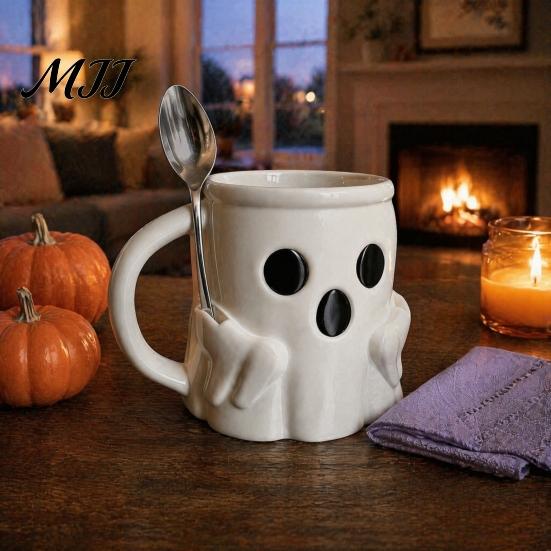 Reusable Wide Mouth Tumbler Halloween Ice Cream Mug with Spoon Holder, 3D Printed Cute Ghost Mug, Coffee Slot Drinking Cup Pen Holder Decor, Christmas