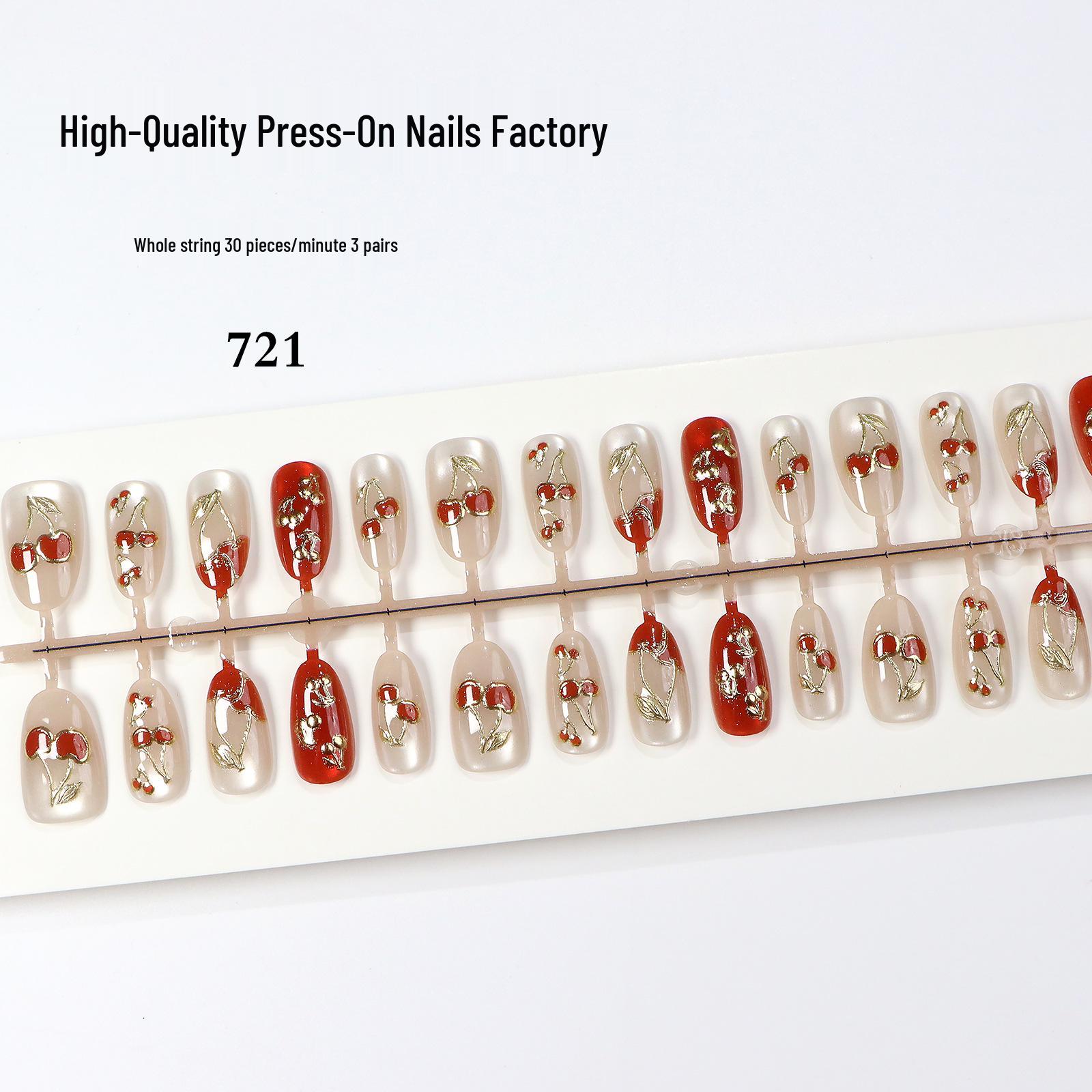 High-Quality French Cat Eye Press-On Red Cherry Nails with Gold Tips M/M/M