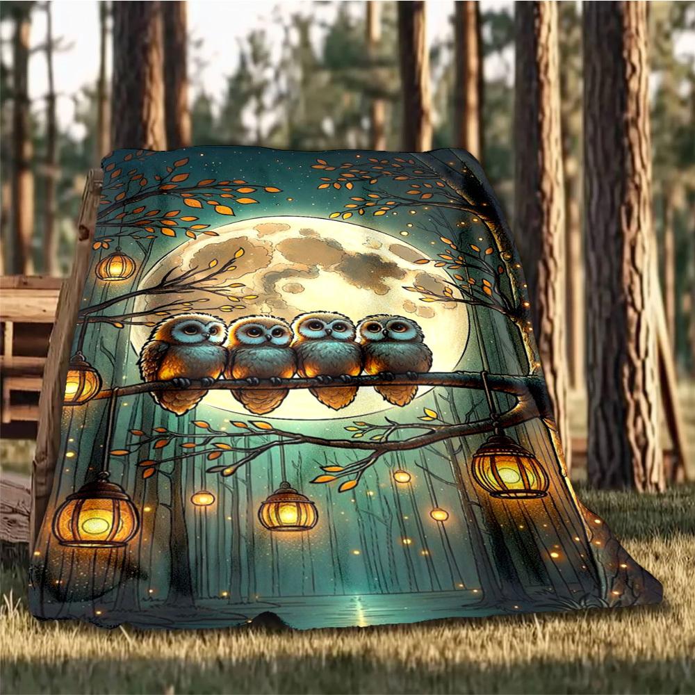 1pc Owl Night Lanterns Throw Blanket Polyester Fiber, Lightweight Flannel, Soft & Warm, All Season Use for Outdoor, Camping Digital Print