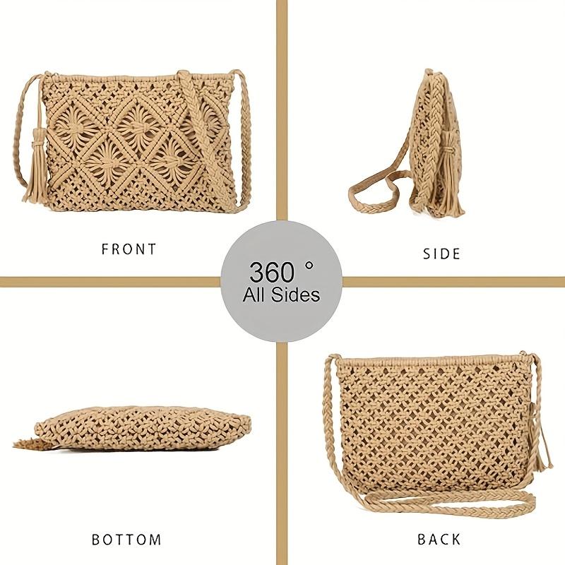 Women'S Crossbody Bag, Hollowed-Out Straw Braided Tassel Women'S Zipper Crossbody Bag, Suitable for Seaside Beach Vacation Use