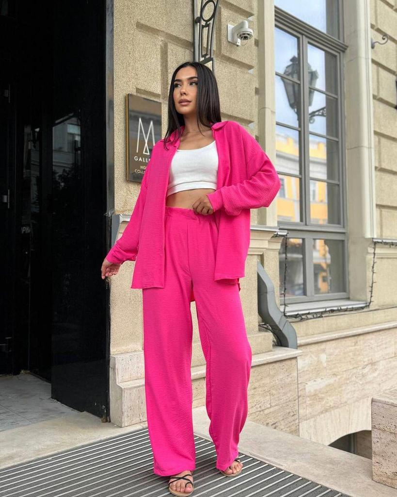 2024 European & American Style Autumn Solid Color Lapel Long Sleeve Shirt & Casual Pants Two-Piece Set