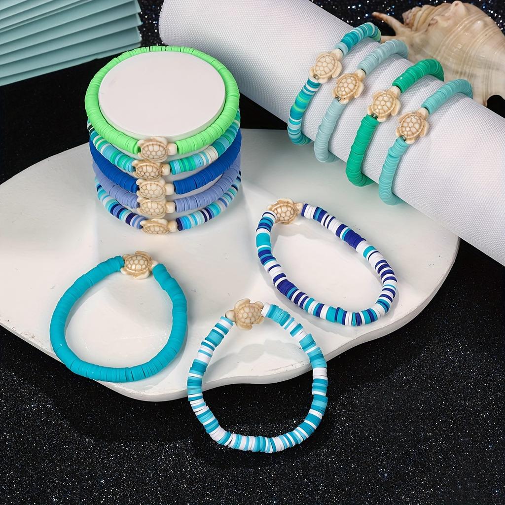 WTEMPO Summer Ocean-Themed Polymer Clay Bracelet Set Cute Stackable Stretch Bracelets & Anklet with Synthetic Turquoise and Sea Turtle Charms