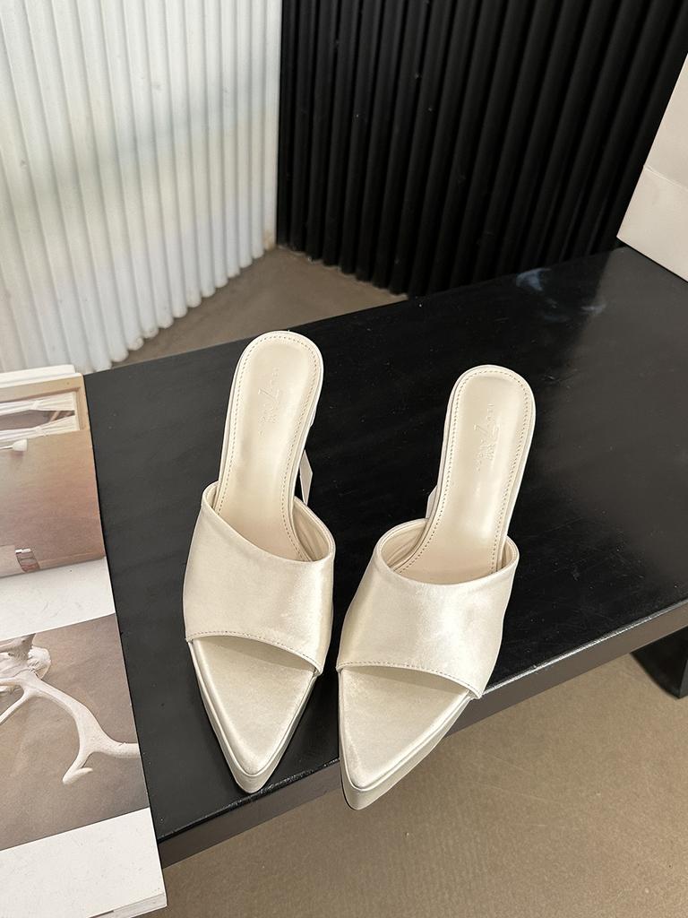 fashion Silk Women Slides Slippers Pointed Open Toe Summer Outside Thick High Heels Black White Rose