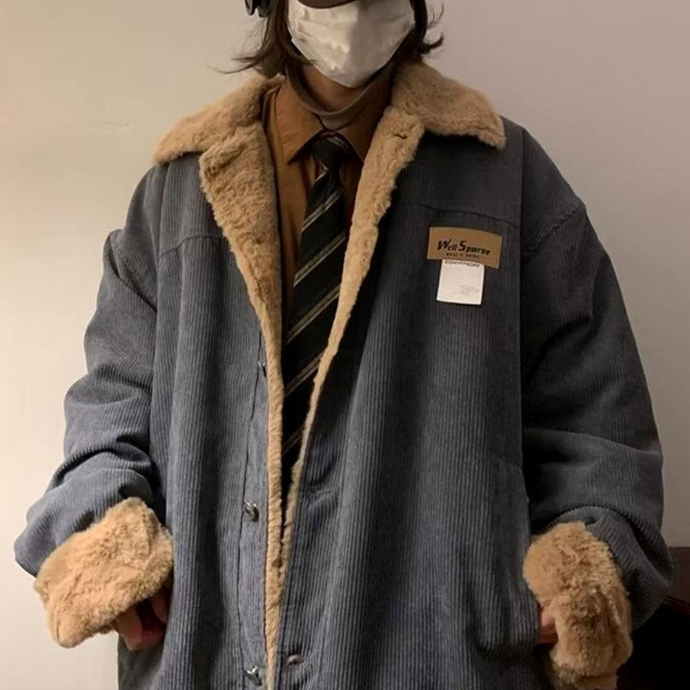 Men's Khaki Y2K Winter Thick Parkas Plus Velvet Loose Corduroy Down Coat Quality Jacket For Men Sweatshirts Windbreaker