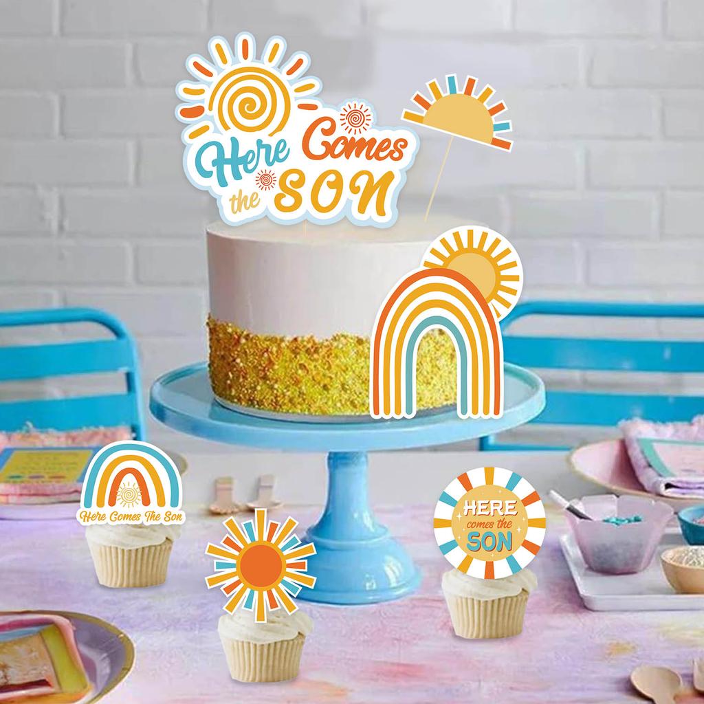 6pcs Here Comes The Sun Cake Topper Yellow Orange Blue Balls Cake Topper Here Comes The Son Baby Shower Boho Cake Decoration