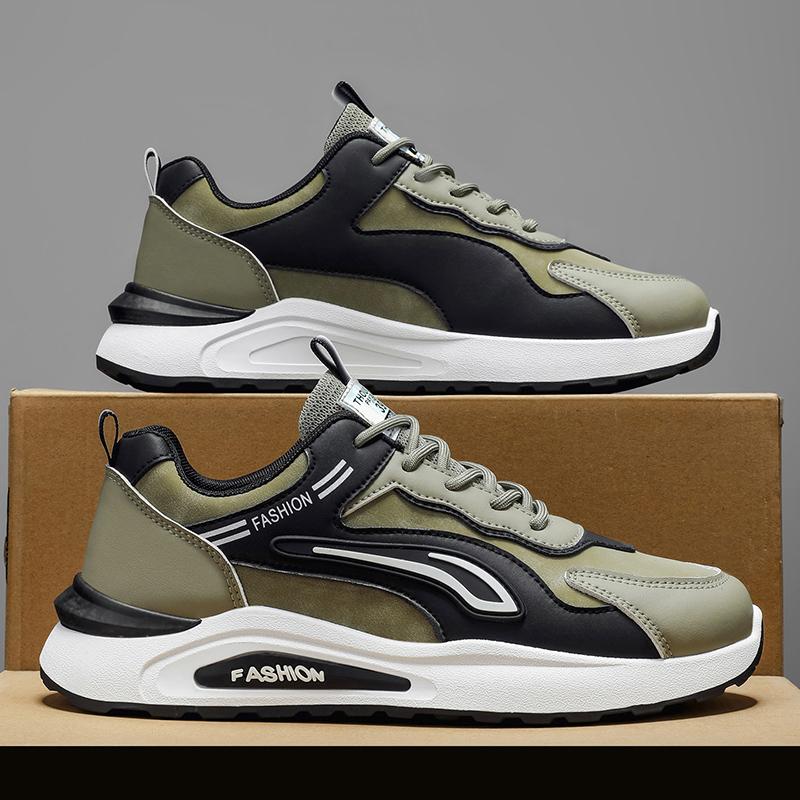 Sneakers Men's Breathable Sport Shoes 2026 Trendy Versatile Thick Bottom Anti-slip Casual Dad Shoes Leather Patchwork Flat Heel