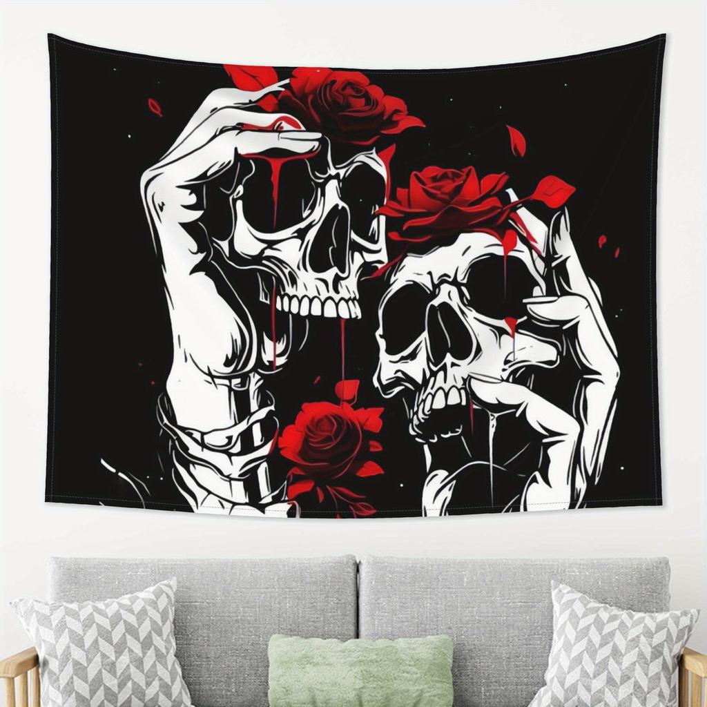 Skull and Roses Tapestry Celebrate Gothic Art with Bold Black and Red Design Perfect for Bedroom Living Room Decor