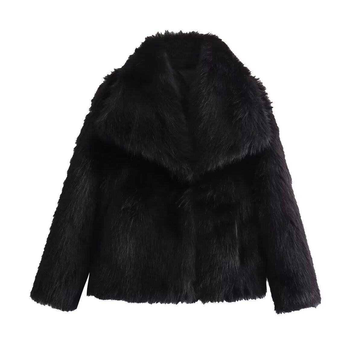

Autumn and winter women s clothing lapel artificial fur jacket women s loose casual temperament short coat S чорний