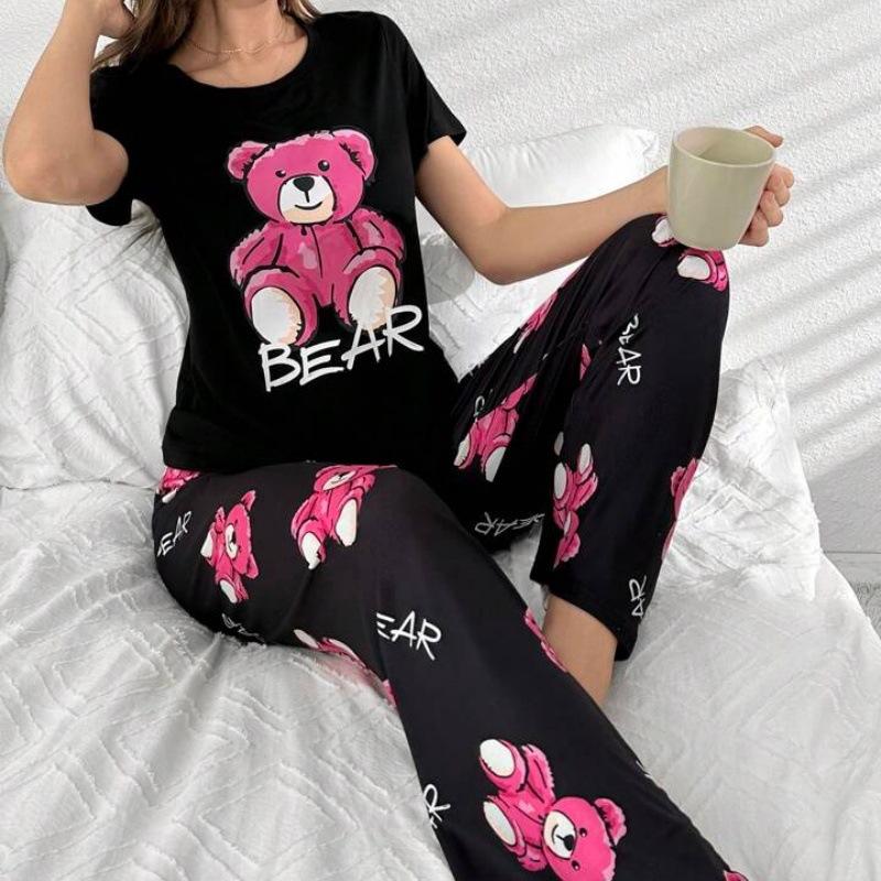 

Short-sleeved trousers loungewear set women s summer casual pajamas two-piece set XS чёрный