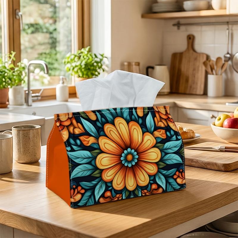 1pc Contemporary Floral Tissue Holder In Orange And Teal with Daisy Design - Sturdy Napkin Organizer for Vehicle, Kitchen, Dining Area, And Home Decor