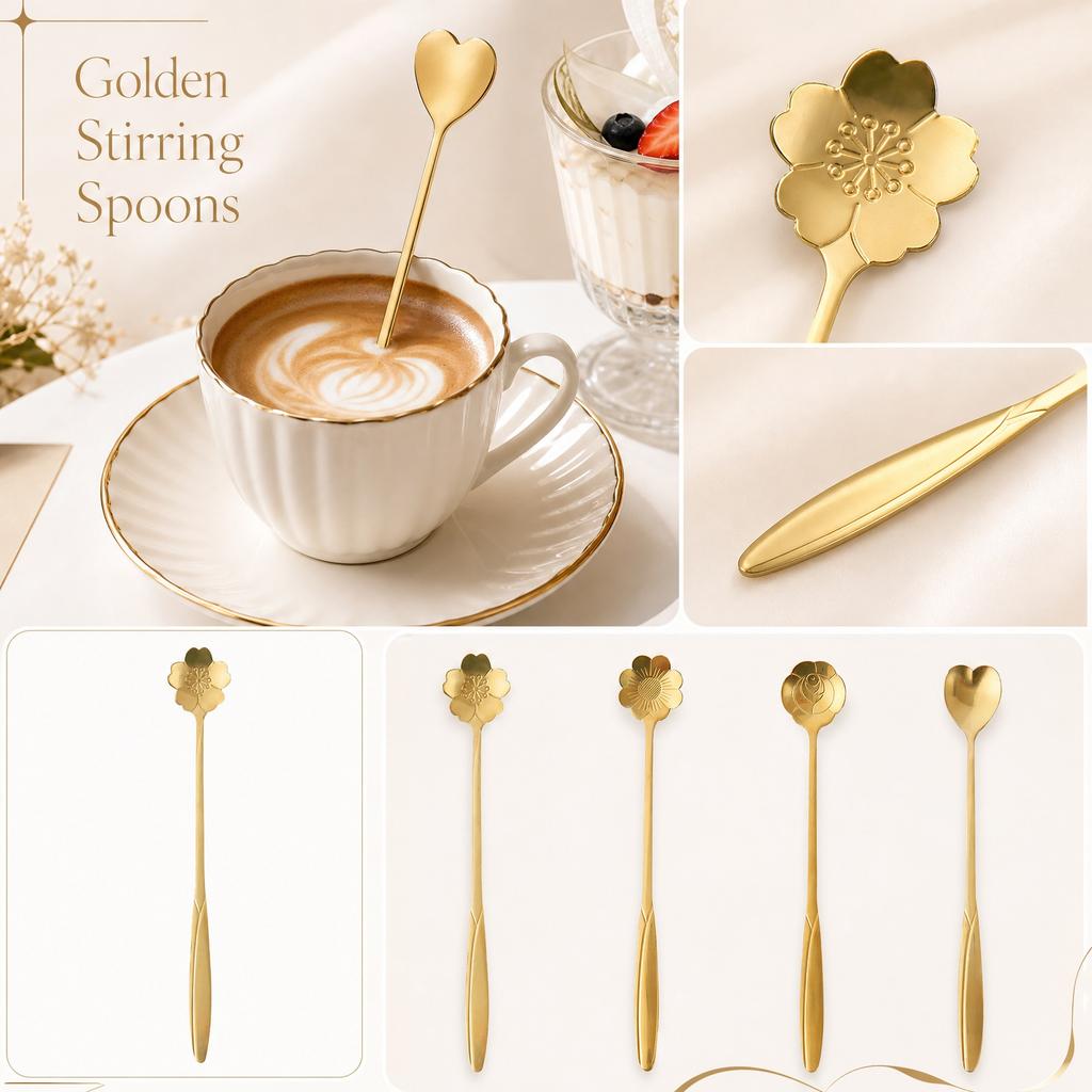 Stainless Steel Long Handle Coffee Spoon Stirring Spoon Dessert Spoon with Floral Shaped Head for Beverage Mixing and Serving