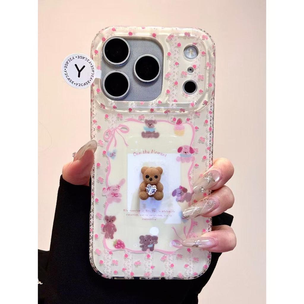 Cute Girl Heart Lace Wreath Sparkling Bear IMD Double-layer Mobile Phone Case for iPhone1716151413