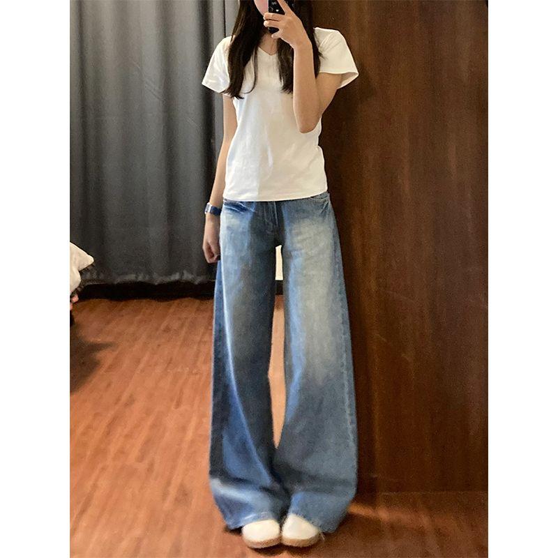 Small Washed Light Color Wide Leg Denim Female Stylish High Waist Loose Slimming and All-Matching Straight-Leg Trousers Summer