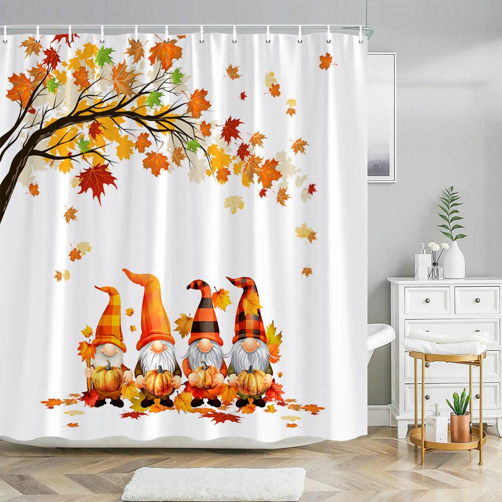 Autumn Pumpkin Shower Curtain Cat Maple Leave Fall Thanksgiving Harvest Rustic Barn Door Wooden Vintage Farmhouse Bathroom Dec