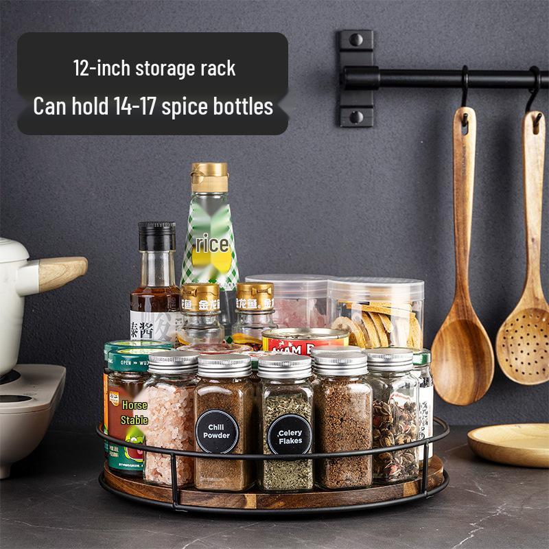 Solid Wood & Steel Rotating Organizer Tray for Spices & Makeup