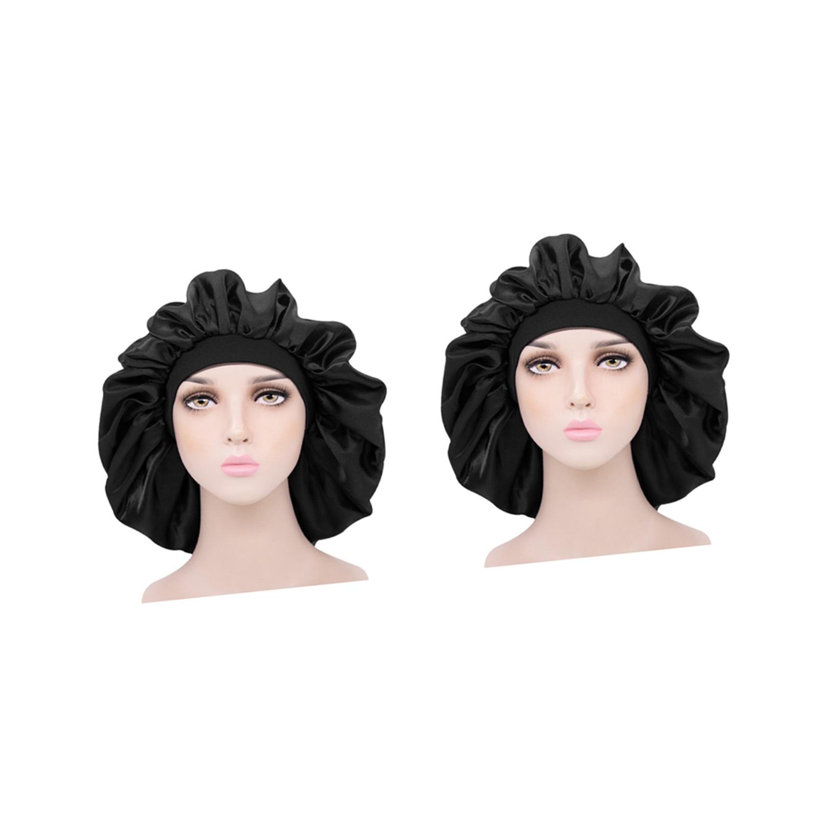 

2 шт. Шапочка для сна Эластичная с широкими полями Дышащая Сатиновая Повязка на волосы Чехол Черный