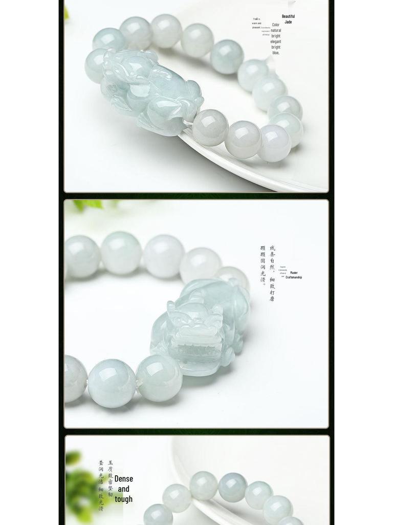 Certified A-Grade Burmese Jade Pixiu Bracelet with Round Beads