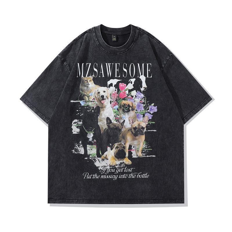 Hip Hop Gangster Washed Half-Sleeved T-Shirt Men'S European And American High Street Vintage Retro Loose Short-Sleeved Tee
