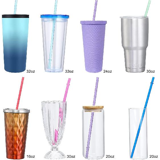 24 PCS, Reble Straws with 4 Brushes, 10.5" Long Tritan Hard Plastic Straws, 12 Colors Translucent Replacement Drinking for 16OZ-32 OZ Tumblers, Cups,