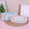 Large Capacity Canvas Pencil Bag - Grid Design Cosmetic Pouch for Students & Office