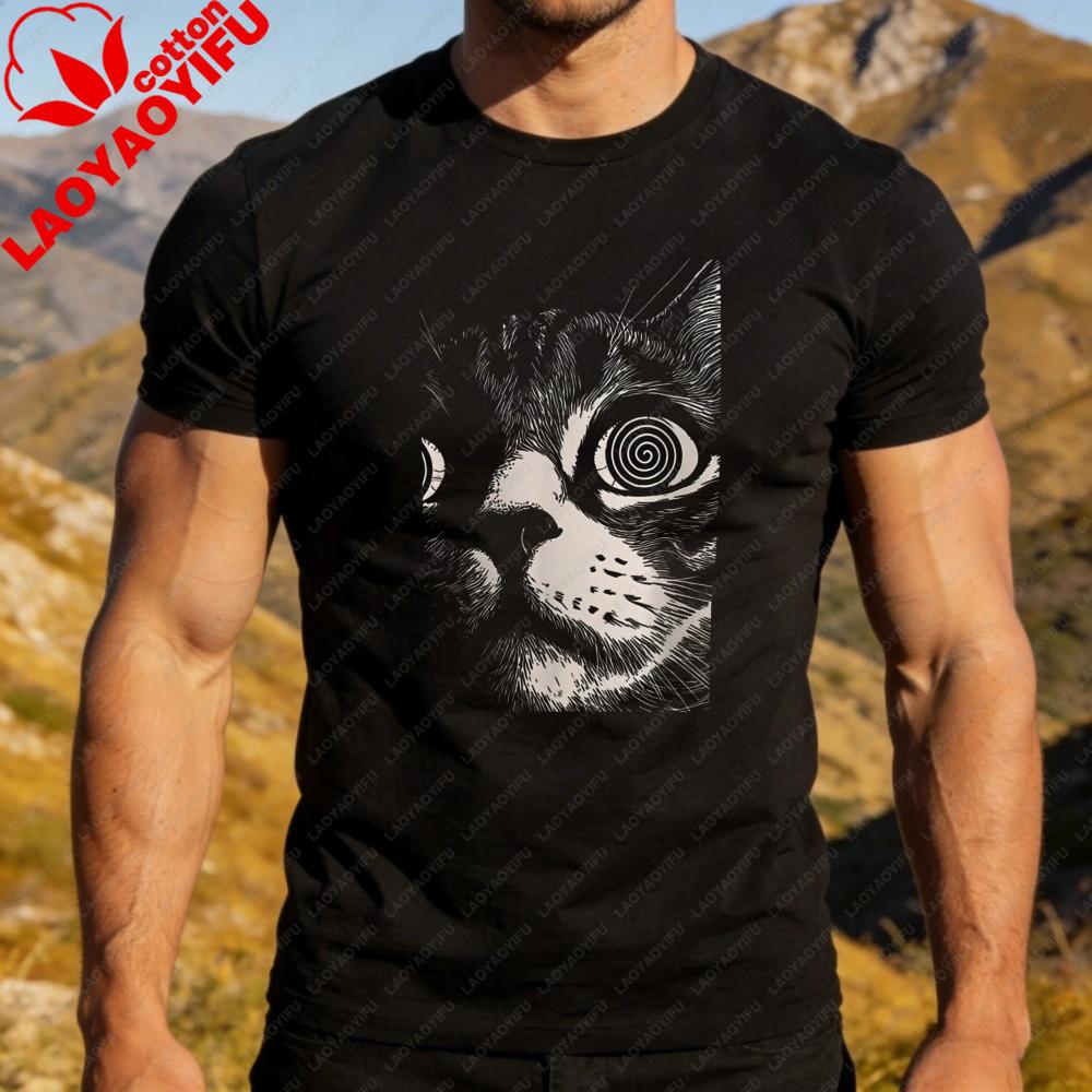 Hypno Cat Spiralaugen Grafik T-Shirt Herren Baumwolle Lustig Katzenliebhaber Kurzarm Tee Psychedelisch Meme Lässig Outdoor Tägliches Outfit