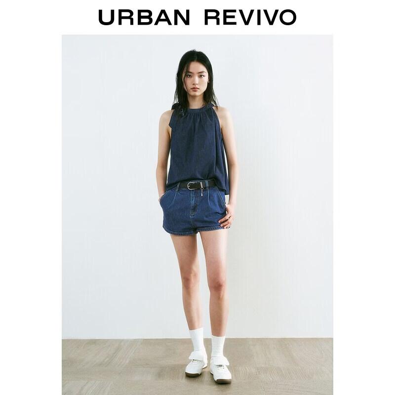 UR2026 Women s Washed Pleated Belt Denim Shorts 25