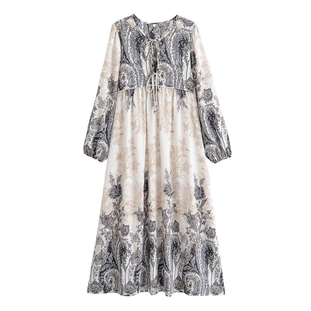 Spring 2026 Elegant Long Sleeve Bohemian Maxi Dress - European & American Style Large серый