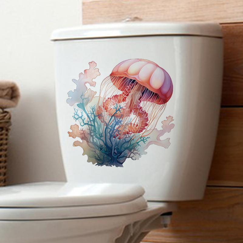 Colorful Deep-sea Jellyfish Toilet Sticker Bathroom Toilet Water Tank Decoration Waterproof Self-adhesive Sticker
