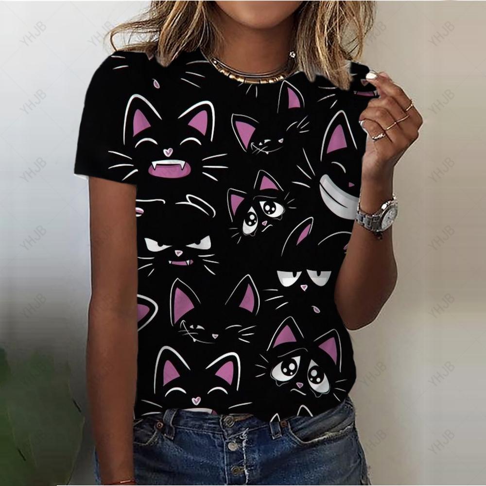 Sommer Rundhals 3D Katzenprint Top Modische Lässige Kurzarm Damen T-Shirts