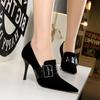 Fashion Women Fashion High Heel Punk Pumps Elegant Wedding Pointed Toe Flock Suede Deep Mouth Belt Buckle Slip On Black Prom Shoes