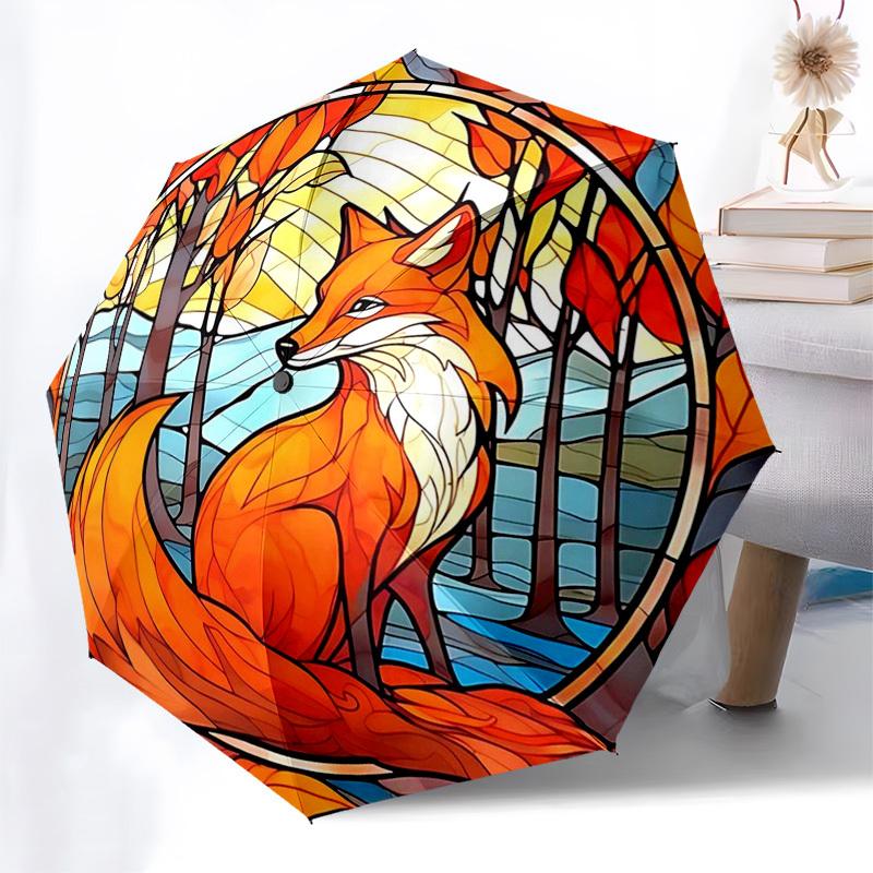 

1pc Autumn Fox Stained Glass Auto Open Close Umbrella, Portable Tri-Fold Design with 8-Bone Iron Frame, Outdoor Umbrella, Ideal Gift for Fans, Travele