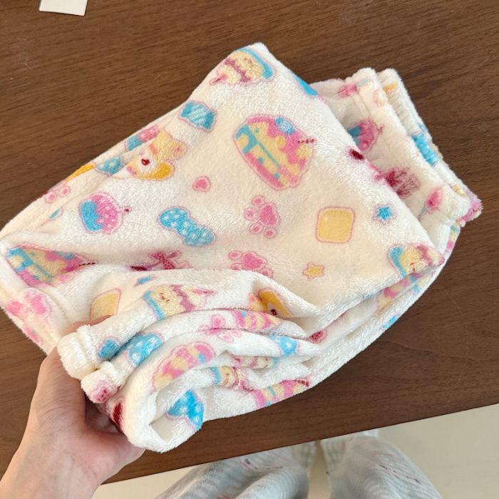 Korean Style Women's Fleece Pajama Pants - Flannel Cartoon Design for Autumn and Winter
